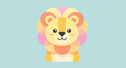 Colorful stylized lion portrait featuring geometric mane with pink yellow and orange overlapping circles on blue background. © SALEHA STOCK