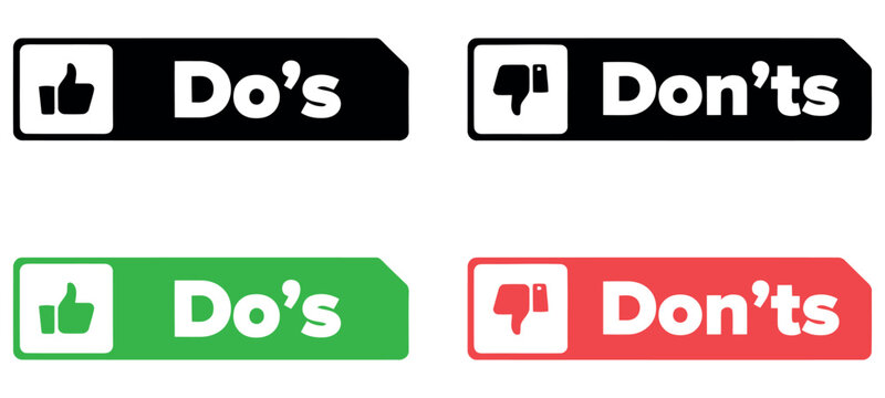 Set of do and don't signs with thumbs up and down icons for business and educational checklists.