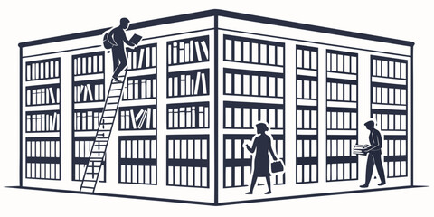 Black and white of two librarians organizing books on shelves in a library bookshelves © Sp