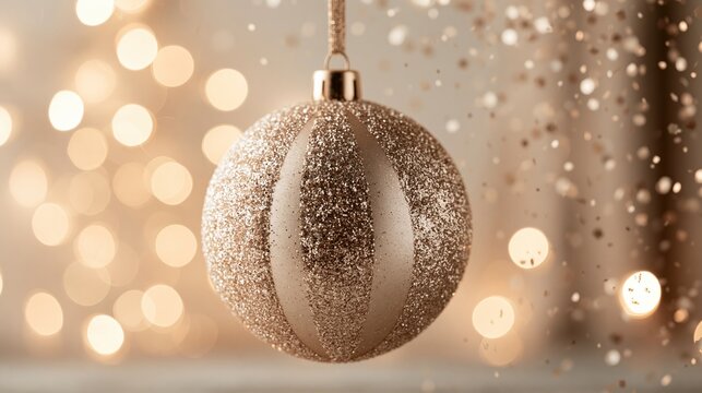 Glittering Christmas ornament hanging with warm bokeh lights