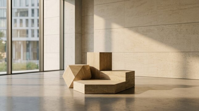 A modern, minimalist office space with concrete walls and floor, large windows, and a wooden podium in the center.