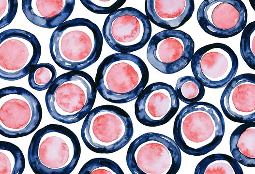 Seamless pattern of watercolor circular coins in red and blue