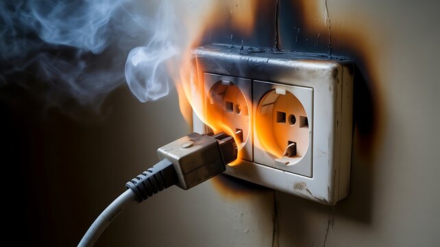 Electrical wall socket on fire with smoke and flames coming from a plugged in power cord causing a dangerous household hazard and short circuit