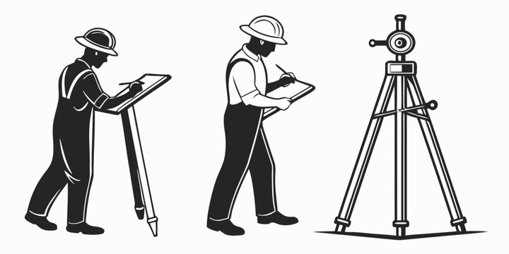 Black and white line of architects with drafting tools and a tripod line architect board