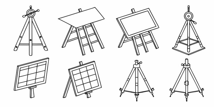 Black and white line of 25 architectural tools on white background, architect tools board t-square set square