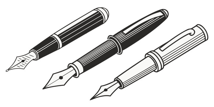 Set of 100 vintage-style fountain pens in black and silver, arranged diagonally vintage pens black pens