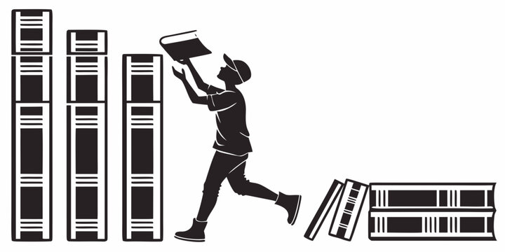 Man in suit running with stack of hardcover books, white background