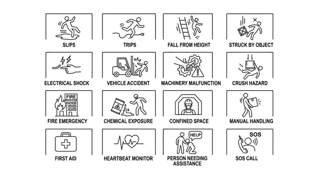 Various workplace safety icons and hazards on a white background