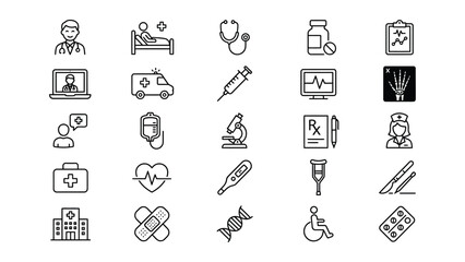 Medical healthcare and hospital icons in line style on white background © Md. Musaddik Rahman