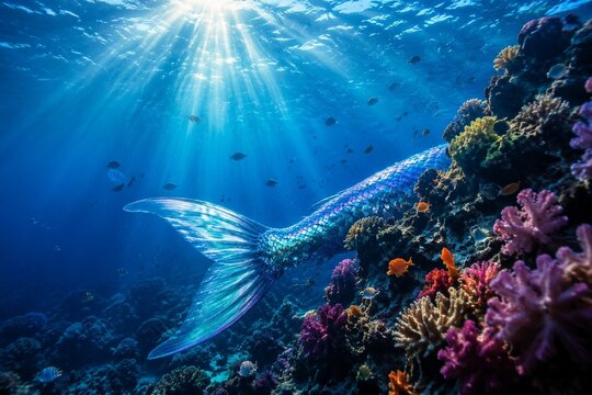 Sunlight pierces ocean water, illuminating an iridescent fish tail near vibrant coral reefs.