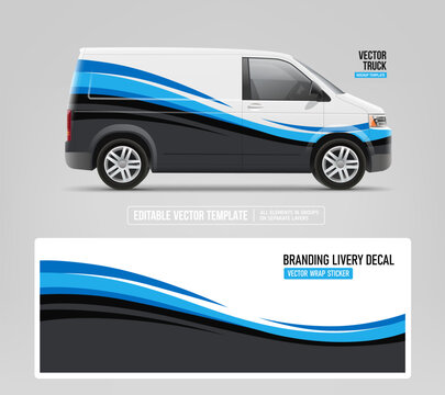 Commercial cargo van branding mockup. Editable vector vehicle wrap template with abstract blue wave livery decal. Delivery truck corporate identity design for fleet branding 