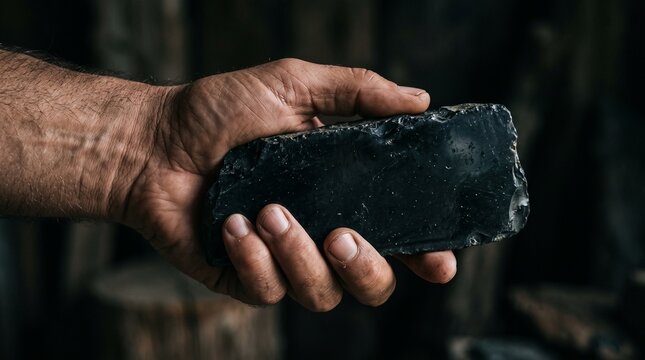Hand holding a rough piece of obsidian rock with dark textured background black friday texture