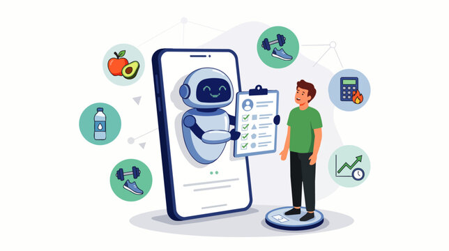 Flat vector illustration of an AI robot showing a human diet plan on a scale. Concept of fitness, nutrition tracking, weight loss, and smart health apps.