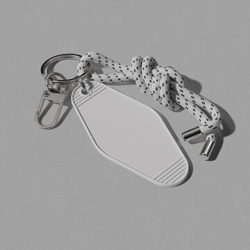 Retro hotel keychain with rope mockup. 3D rendering