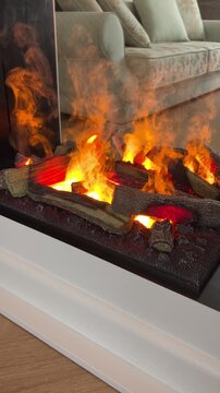 Vertical close-up video of realistic artificial fire flames and glowing logs on a handmade spruce wood electric fireplace insert