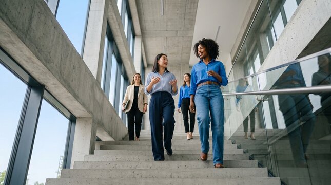 Diverse women walking up office stairs. Professional team climbing modern building staircase.