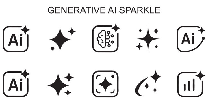Generative AI logo icon magic sparkle stars symbol , Artificial intelligence sign. Vector ai generated icon blue logo. Artificial intelligence symbol, sparkle star with square button.