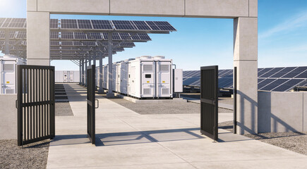 Modern solar energy farm with battery storage containers and open gates © Snide12