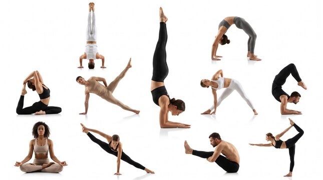 People performing yoga poses. Collection of diverse athletes practicing fitness exercises.