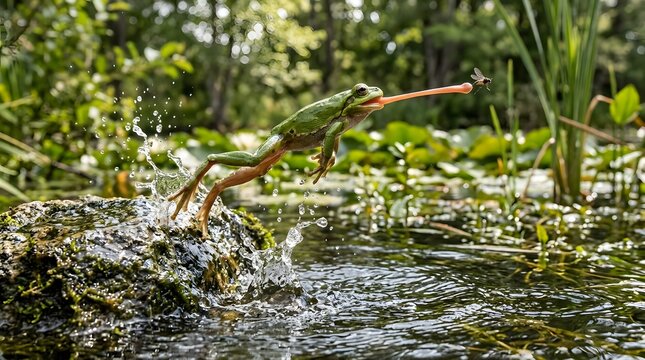 Action shot of a tree frog catching insect mid air