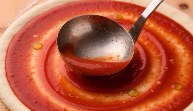 Top-down macro shot of a stainless steel ladle spreading rich red tomato sauce in a swirl pattern on raw pizza dough, shallow depth of field, professional commercial food photography.