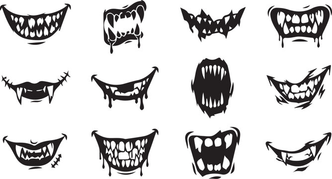 Scary Monster Mouths And Vampire Teeth Set Vector Illustration