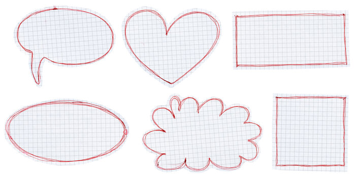 set of blank grid paper notes in various shapes with red hand drawn frames isolated on white background