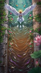 Fototapeta premium Serene angel with white wings and golden halo kneeling beside tranquil water garden