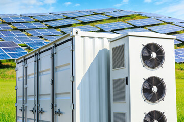 Modern solar energy storage system with battery container and cooling units © Snide12