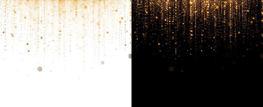 Golden glitter particles raining down with bokeh effects on transparent and black backgrounds luxurious abstract festive illumination.