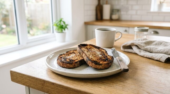 A slice of bread with butter on a wooden table in a kitchen with a window and a cup of coffee.