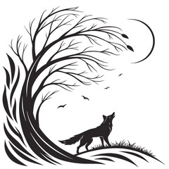 Fototapeta premium Silhouette of a fox howling at the crescent moon under a windswept tree with silhouette, crescent