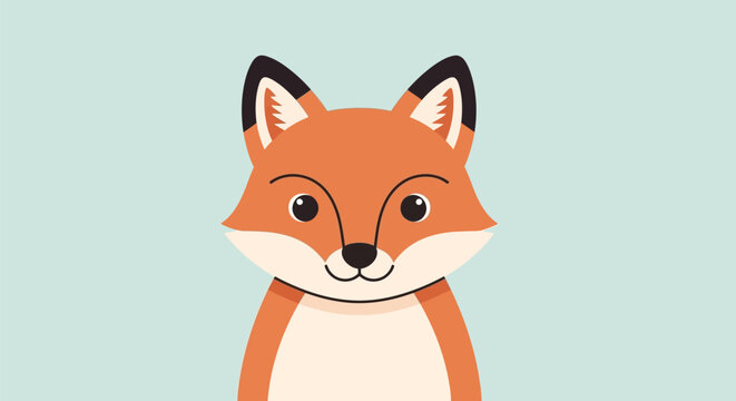 Orange fox head illustration with black tipped ears and white cheeks on light blue background for children design projects.