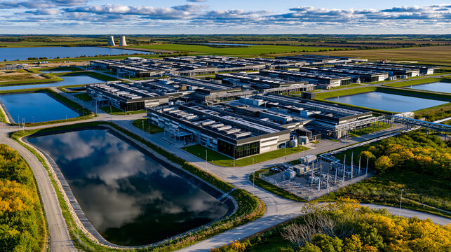 Aerial view of a large modern data center complex surrounded by rural countryside, reflective drainage ponds, neatly arranged server buildings, access roads, utility infrastructure, green fields ext