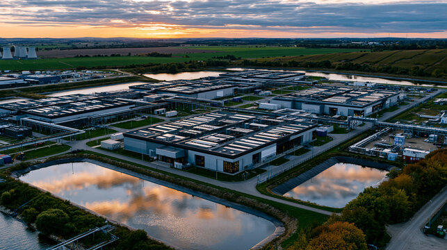 Aerial view of a large modern data center complex surrounded by rural countryside, reflective drainage ponds, neatly arranged server buildings, access roads, utility infrastructure, green fields ext
