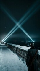 Fototapeta premium Nighttime Maritime Security with Spotlight Beams and Soldier on Snowy Pier