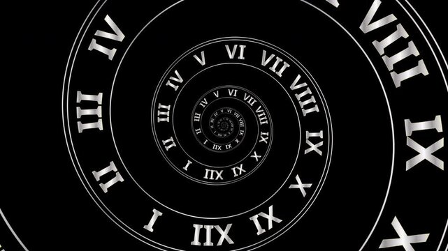 Endless infinity zoom animation featuring a silver spiral clock with roman numerals on alpha channel background, seamless loop