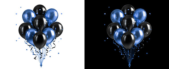 Fototapeta premium A vibrant collection of blue and black balloons with confetti and ribbons, elegantly arranged against a transparent and black background for various celebrations.