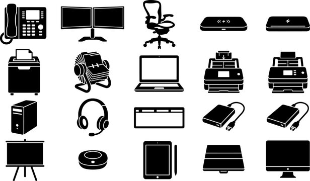 Office equipment and workspace technology icon set featuring black silhouettes of computer hardware laptop and printer on white background