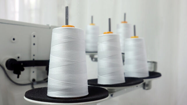 Spools of white sewing threads on industrial overlock machine