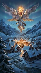 Fototapeta premium Majestic angel with glowing halo descending over snowy mountain village at night