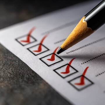 Close-up of Checklist with Checked Boxes and Pencil on Dark Surface