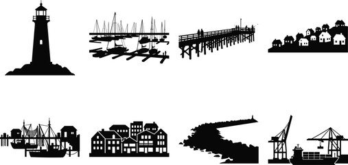 Obraz premium Coastal Harbor Silhouette Collection with Lighthouse Marina Pier and Port Landmark Vector Set