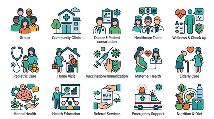 Fototapeta premium Healthcare Icons: Diverse Medical Services and Concepts Collection