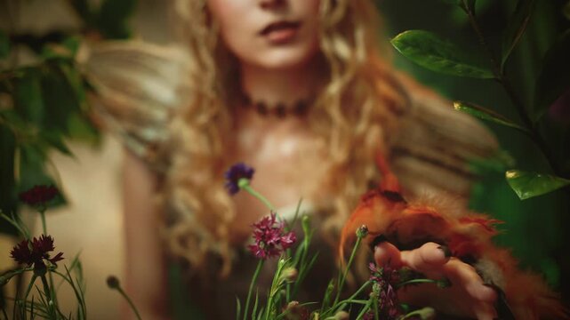 Silhouette close-up hand with sharp claws black nails evil gothic fantasy woman touching flowers green grass plants in dark night forest, bird costume feathers. sexy face eyes lips fairy elf girl art