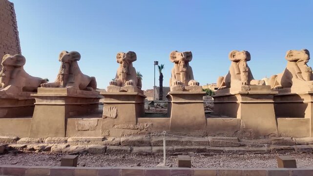 Famous avenue of sphinxes leading to the ancient karnak temple in luxor, egypt. Impressive row of criosphinxes guarding the sacred path
