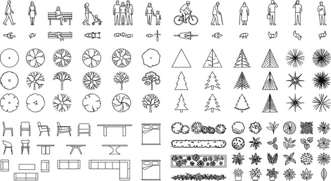 Architectural Scale Figures and Landscape Elements Vector Set featuring Minimalist Line Art People, Stylish Pedestrians, and Silhouetted Trees for CAD Drawing Illustration and Urban Design Layout.