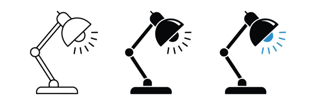 Desk lamp icon set representing illumination lighting workspace outline and solid style vector illustration design