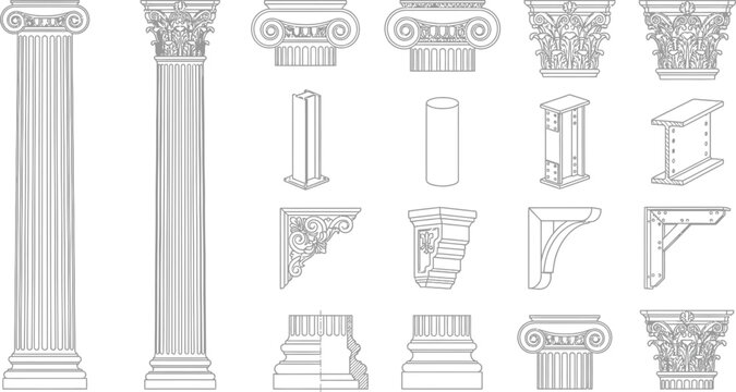 Set of technical architectural vector illustrations featuring classic ornate pillars and structural supports with decorative capitals and fluted shaft details for building design projects.