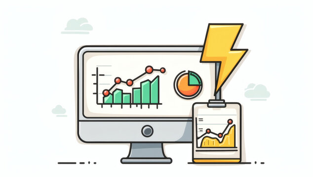 Analyzing business growth metrics and performance indicators on a computer screen with a mobile device and a lightning bolt symbol